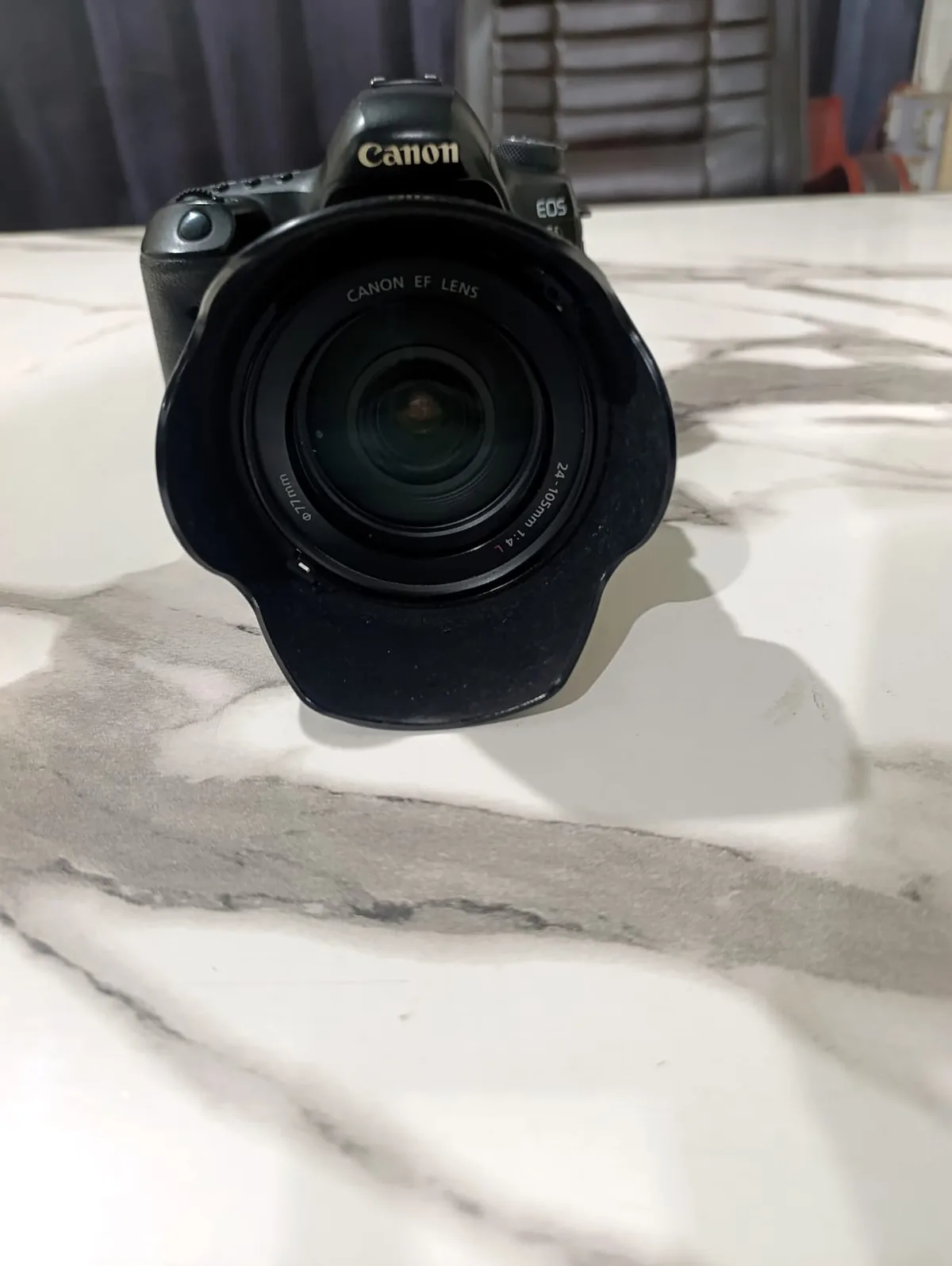 Front of my Canon EOS 5D Mark IV showing the 24-105mm lens and hood