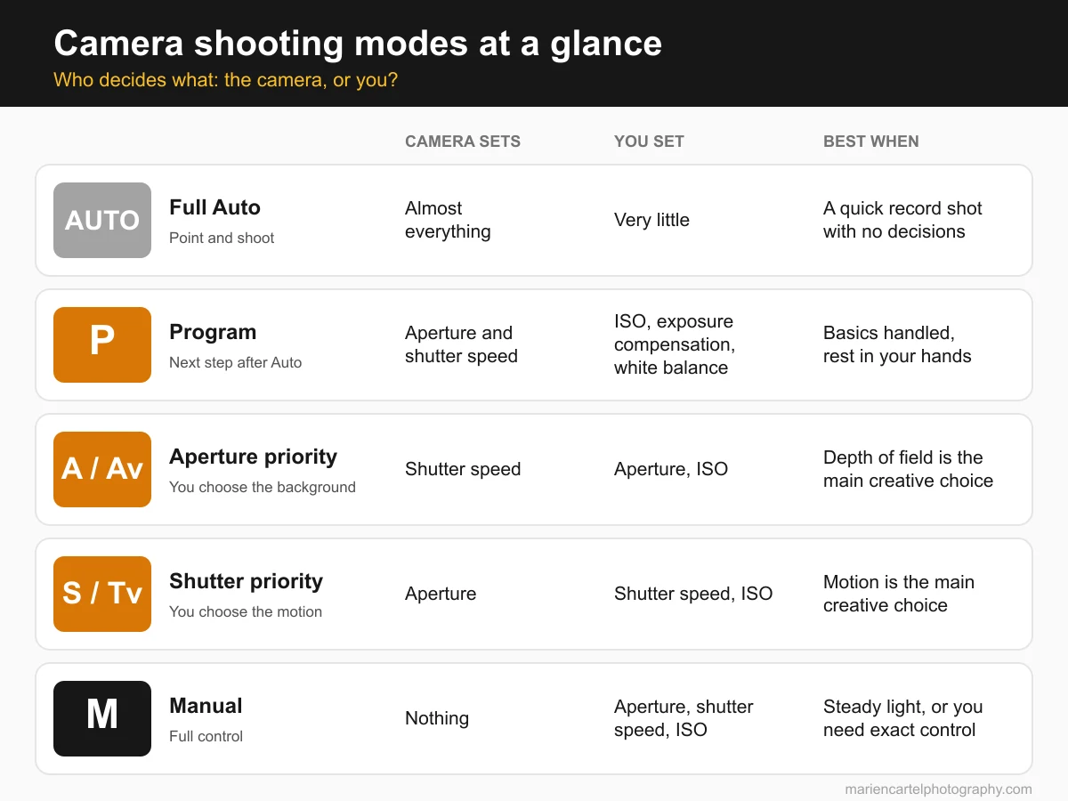 Infographic comparing the five camera shooting modes (Auto, Program, Aperture priority, Shutter priority and Manual) by what the camera sets, what you set, and when each is best